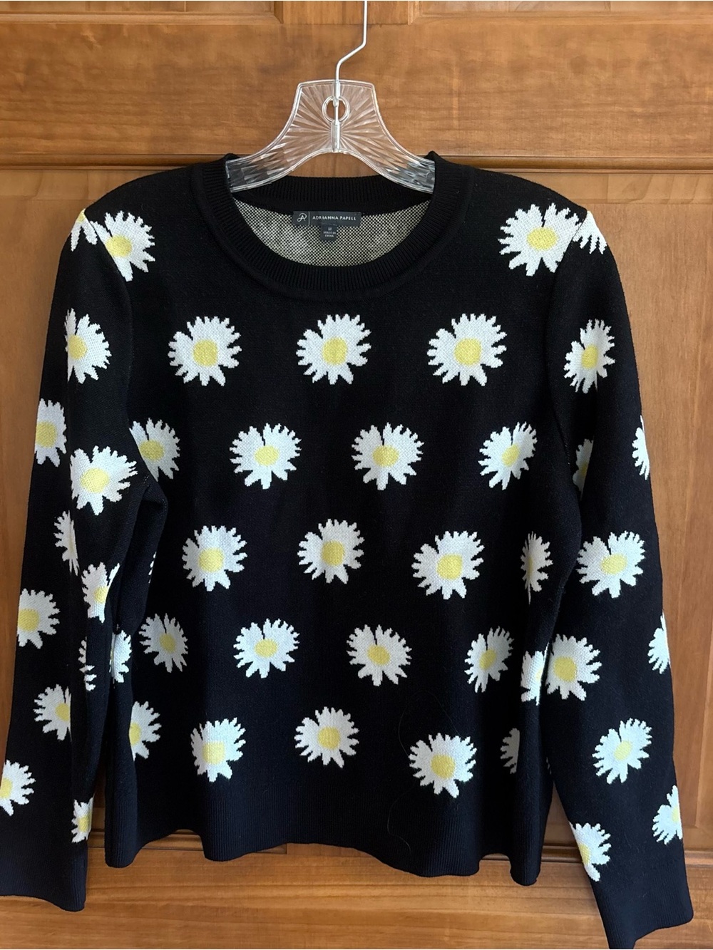 Adrianna Papell Black Crewneck Daisy Print Women's Sweater, Size M - Picture 2 of 7